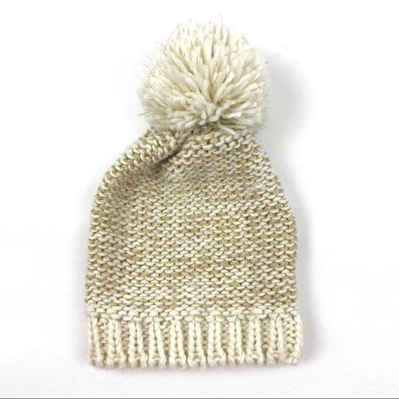 aerie Accessories - Aerie Gold Cream Knit Pom Pom Beanie Hat